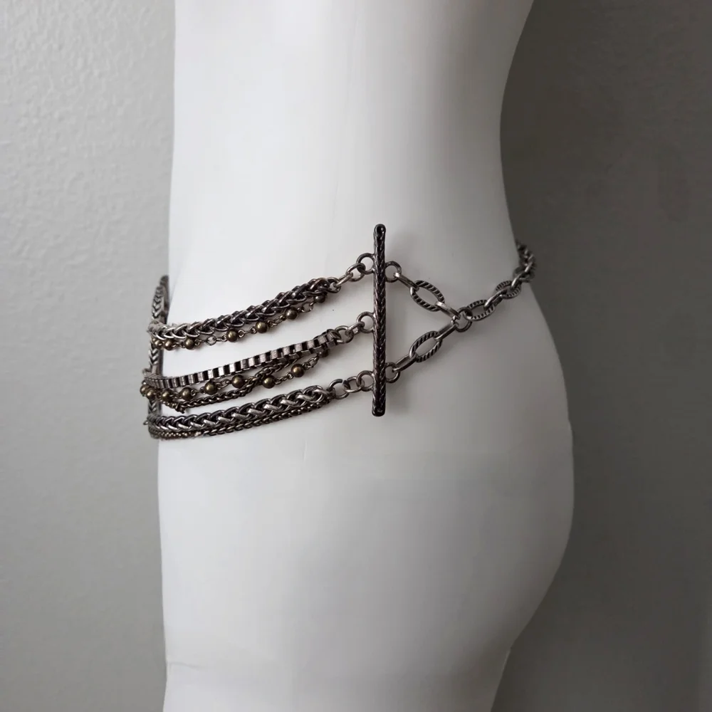 Chico's Wide Multi Chain Belt With Hammered Bronze Front Panels